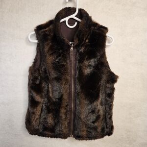 Women’s Reversible Cotton Faux Fur Vest Brown Zip‎ Front Pockets Cozy Winter Med